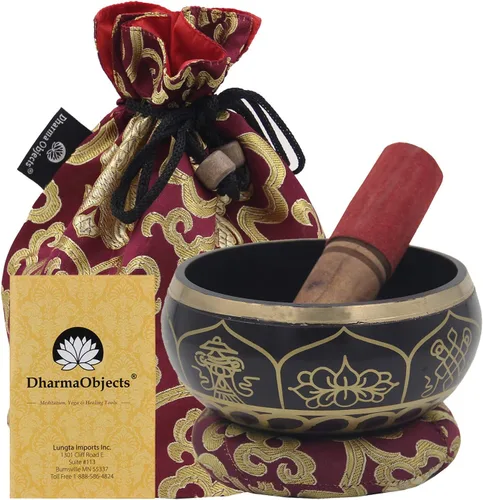 Miniatura 11 de DharmaObjects Mediano ~ Juego de cuencos cantantes Om ~ Con mazo, cojín de brocado y bolsa de transporte ~ Para meditación, curación de chakras