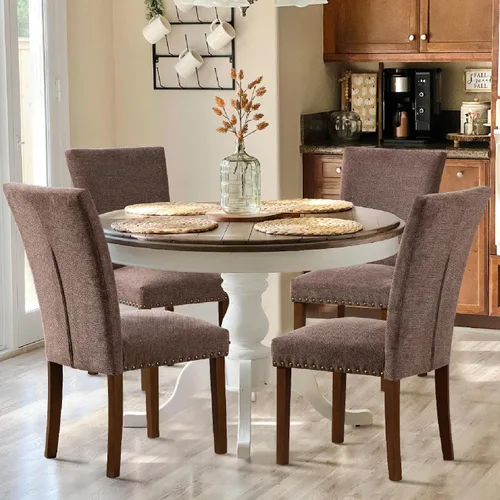 Miniatura 3 de COLAMY Parsons Juego de 4 sillas de comedor tapizadas de tela, sillas auxiliares de cocina con tapicería con clavos y patas de madera, marrón F