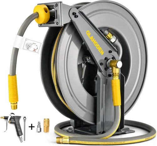 GLAHODEN Carrete de manguera de aire de doble brazo de 50 pies retráctil, manguera híbrida de 1/2 pulgada, carrete de manguera de compresor de aire