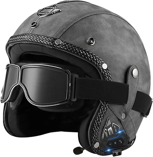 Miniatura 10 de Casco retro de motocicleta con Bluetooth, casco de cuero Jet con gafas personalizadas, medio casco de motocicleta 3/4 aprobado por DOT, casco