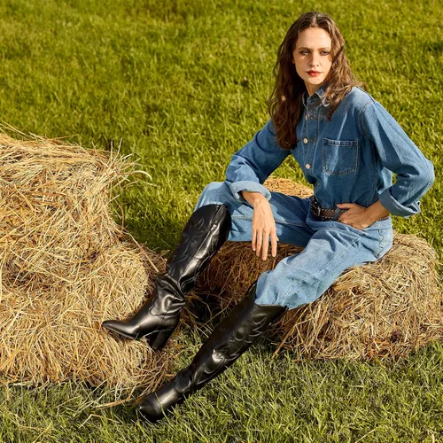 Miniatura 4 de Mostrin Botas vaqueras bordadas para mujer, botas vaqueras con punta puntiaguda, botas altas hasta la rodilla, tacón grueso, botas occidentales