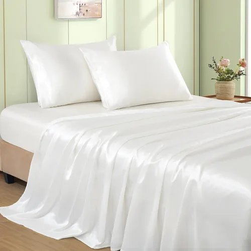 Miniatura 19 de VACVELT Juego de 3 sábanas de satén color beige tamaño individual, juego de ropa de cama, sábana bajera de satén sedoso con bolsillo profundo de 15