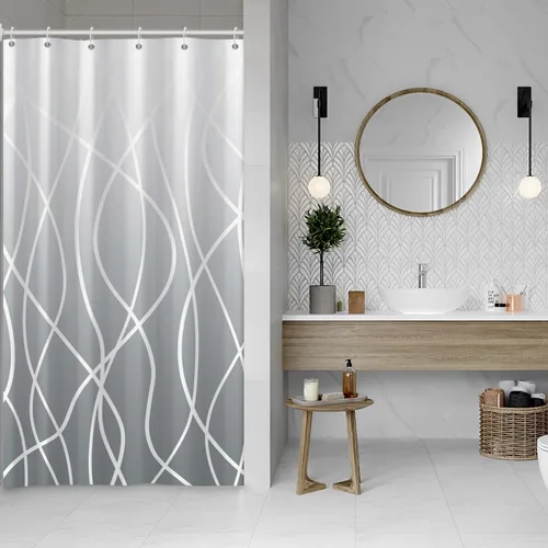 Miniatura 71 de Cortina de ducha pequeña a rayas gris claro degradado para baño, 36 x 72 pulgadas, juego de cortina de ducha geométrica para cabina de RV