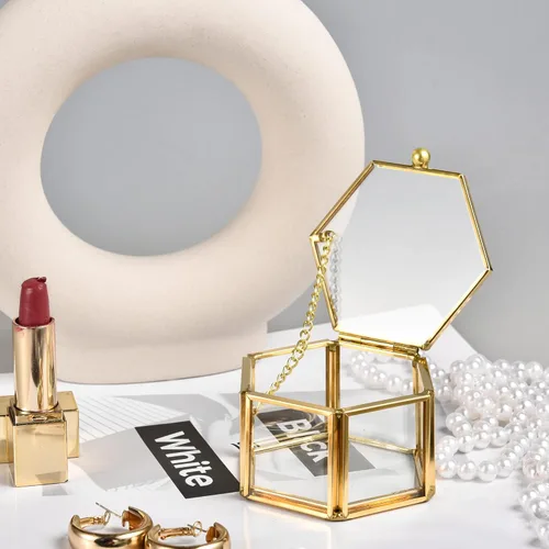 Miniatura 9 de Feyarl Pequeña caja de joyería de cristal dorado para joyería de joyería de joyería de cristal adornado, caja organizadora de recuerdos, caja