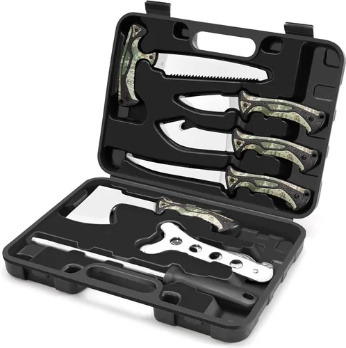 Miniatura 8 de Jellas Kit de cuchillos de caza, juego de 6 cuchillos de acero inoxidable con gancho intestinal, desollado, deshuesado, sierra, guantes y estuche