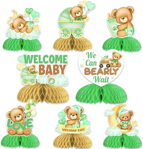 8 piezas de centro de mesa con diseño de oso para baby shower, color verde salvia, decoración con texto en inglés «We Can Bearly Wait», decoración
