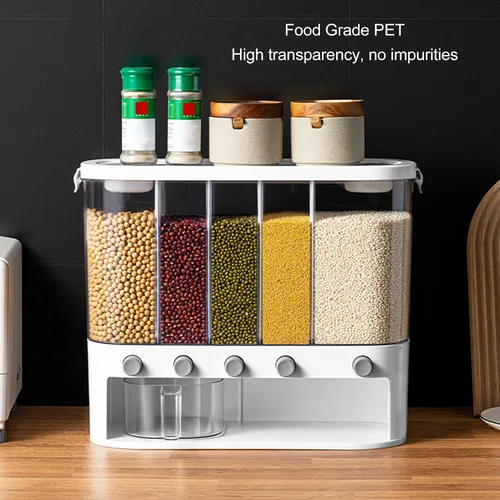 Miniatura 3 de Dispensador de alimentos secos de 5 rejillas, dispensador de cereales transparentes de 16.1 x 6.3 x 13.2 pulgadas con tapa extraíble, recipiente