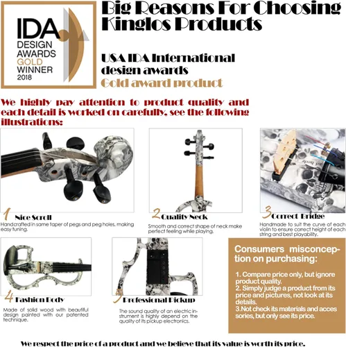 Miniatura 7 de Kinglos Kit de violín eléctrico y silencioso avanzado de madera maciza de color blanco y azul con accesorios de ébano tamaño completo (DSG1201)