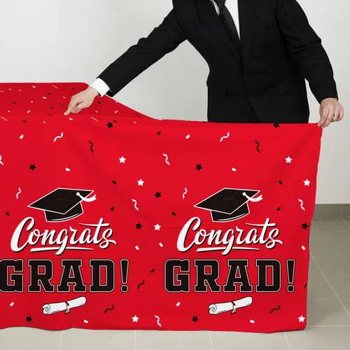Miniatura 3 de Gatherfun Decoraciones de fiesta de graduación, mantel de graduación Gongrats para suministros de fiesta de graduación, 3 manteles rojos de clase