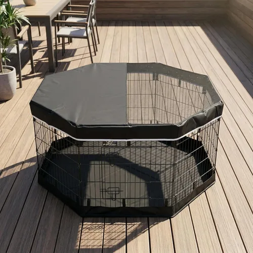 Miniatura 7 de PJYuCien Corralito octogonal para perros con cubierta superior y almohadilla inferior, bolígrafo de ejercicio plegable de metal, 8 paneles de 30