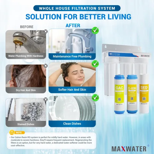 Miniatura 6 de Max Water Sistema de filtración de agua estándar de 3 etapas de ablandamiento de agua de 10 pulgadas para toda la casa – Sedimento + resina