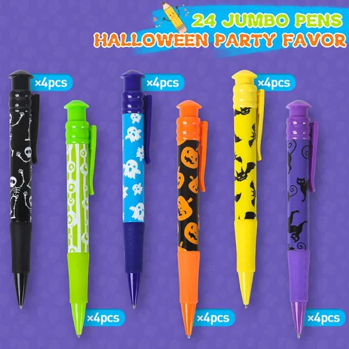 Miniatura 3 de Shemira Recuerdos de fiesta de Halloween para niños, 24 bolígrafos jumbo en 6 diseños temáticos surtidos de Halloween para truco o trato, relleno