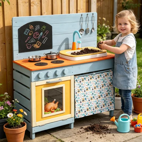 Miniatura 2 de HONEY JOY Cocina de barro, cocina de madera de cedro para niños pequeños, grifo real con agua corriente, fregadero, accesorios de cocina, pizarra