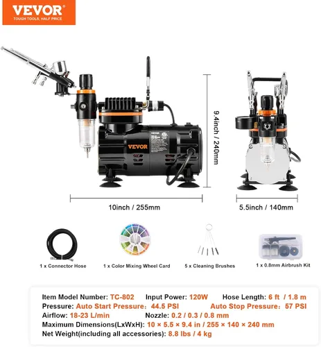 Miniatura 7 de Kit de aerógrafo VEVOR, juego profesional de aerógrafo con compresor de 1/5 HP y 3 aerógrafos, kit de sistema de aerógrafo con aerógrafos de acción