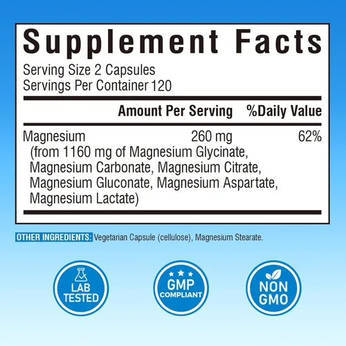 Miniatura 5 de Vitalibre Complejo de magnesio 6 en 1 para mujeres y hombres, 260 mg de magnesio elemental Máxima absorción Suplemento de magnesio quelado