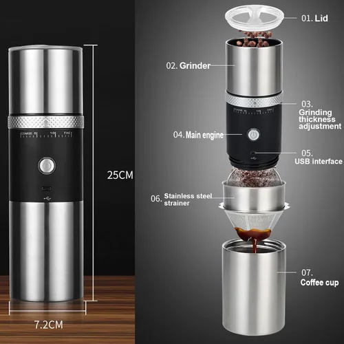 Miniatura 5 de Molinillo de café portátil para rebabas, máquina eléctrica ajustable para fresas adecuada para viajes, camping con bolsa (rojo)