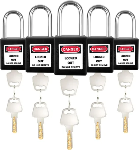 Juego de 5 cerraduras de bloqueo con llave negra, 2 llaves por cerradura, candados de seguridad compatibles con OSHA para kit de etiqueta de bloqueo