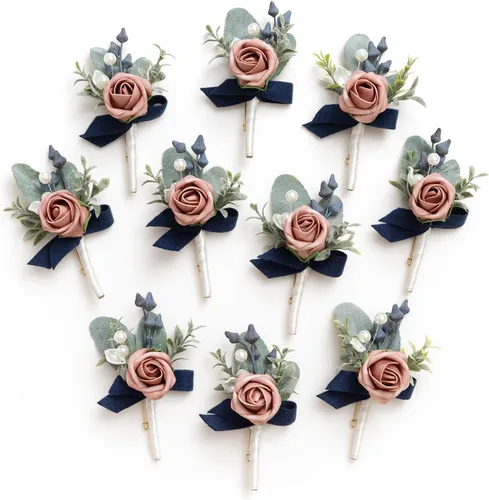 Miniatura 22 de Ling's Moment Boutonniere para Hombre, juego de 10 ramilletes para invitados, flores artificiales para decoración de boda/baile/regreso a casa, etc.