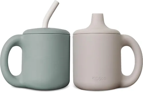 KIDSco. Vasos de silicona con mango de transición de fácil agarre, un pico suave y pajita. Una taza de entrenamiento irrompible no tóxica sin