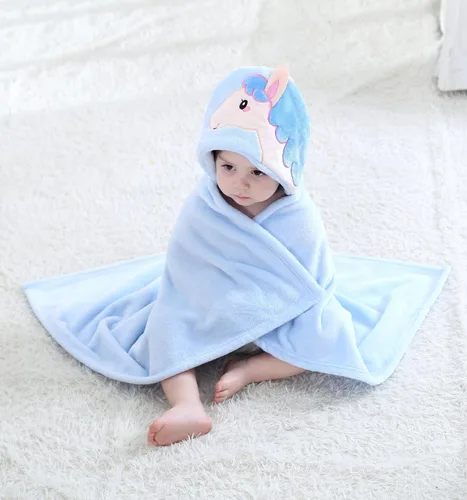Miniatura 7 de TONWHAR Manta con capucha de cara de animal para bebés y niños de 0 a 4 años, manta de felpa para después del baño (caballo azul)