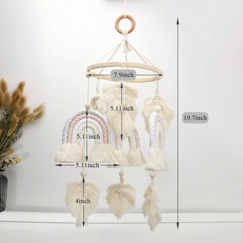 Miniatura 5 de Boho Baby Macramé Rainbow Boho Mobile - Regalo de ducha para recién nacido Arco iris+pluma
