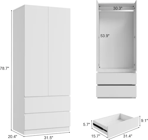 Miniatura 2 de Armario de madera con 2 puertas, armario de dormitorio de 79 pulgadas con 2 cajones, armario para ropa con barra para colgar y estantes, armarios