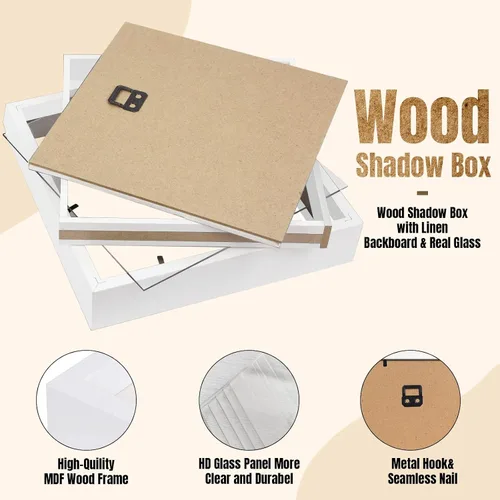 Miniatura 4 de QDSSDECO Cajas de sombra de 8 x 8 pulgadas con parte trasera de lino suave, caja de sombra 3D de vidrio de madera profunda para pared y mesa
