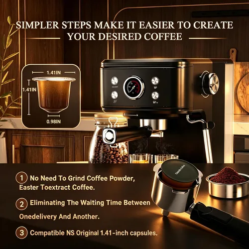 Miniatura 4 de Empstorm Máquina de Espresso de 20 Bar con Espumador de Leche al Vapor, Cafetera de Espresso Compatible con Cápsulas Originales NS 2 EN 1, Máquina
