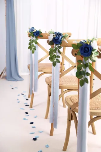 Miniatura 3 de Arreglo floral de pasillo para la ceremonia de la boda, juego de 10 flores para sillas de la iglesia, decoración para fiestas con flores Azul