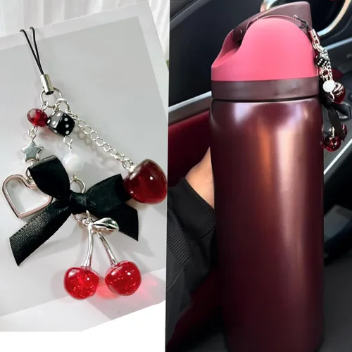 Miniatura 7 de Botella de agua de cereza negra para Owala de 16 onzas, 19 onzas, 24 onzas, 32 onzas, 40 onzas, cereza roja negra con bonitas cerezas y colgante