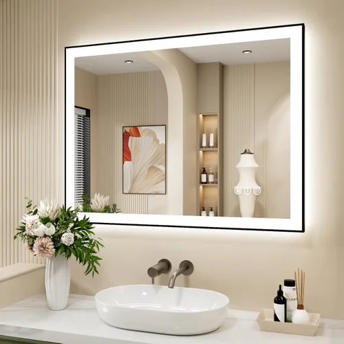 Miniatura 76 de Espejo de baño LED de 60x36 pulgadas con marco negro, espejos de baño retroiluminados y con luz frontal para pared, antiempañamiento, regulable