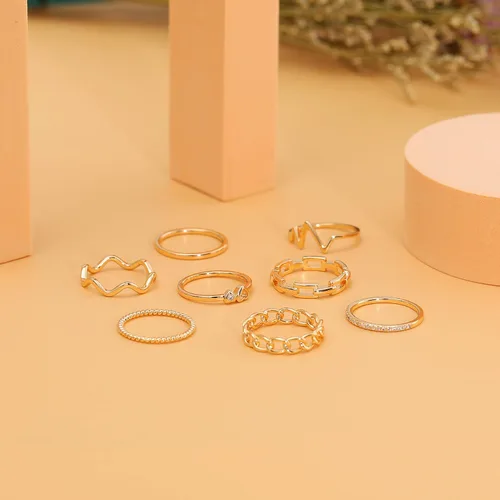 Miniatura 6 de Honsny Juego de 8 anillos apilables chapados en oro de 14 quilates para mujer, anillos apilables de oro plateado dorado y plateado para nudillos