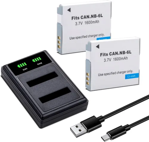 Paquete de 2 baterías NB-6L NB-6LH de 1600mAh con cargador dual para Canon Powershot SX500 es, SX510 HS, SX520 HS, SX530 HS, SX540 HS, SX170 es,