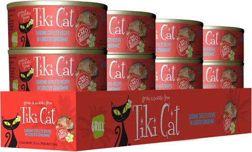 Miniatura 2 de Tiki Cat Grill - Alimento húmedo bajo en carbohidratos con mariscos enteros en caldo para gatos y gatitos adultos, 2.8 onzas, 12 unidades, sardina