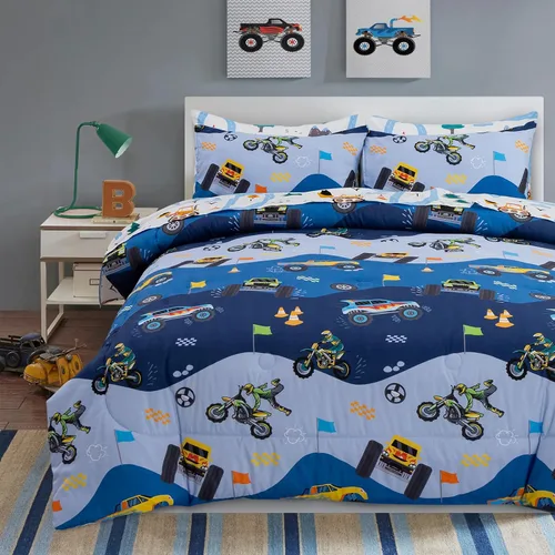 A Nice Night Juego de edredón de 5 piezas de cama en una bolsa, diseño de caricaturas de dibujos animados para niños, juego de ropa de cama de Azul