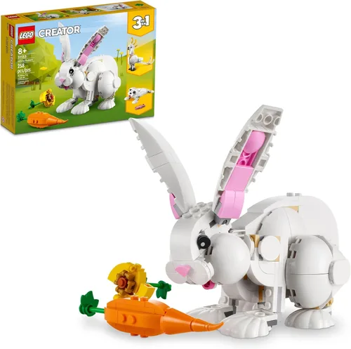 LEGO Creator 3 en 1 Juego de construcción de juguete de animal conejo blanco, juguete STEM para niños de 8 años en adelante, se transforma de conejo