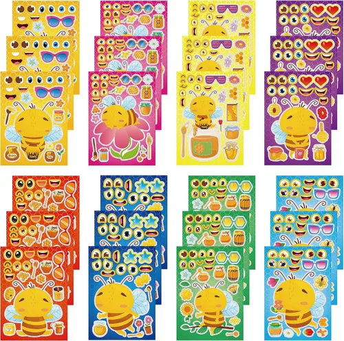 24 hojas de calcomanías de abeja para hacer una cara, lindos juegos de fiesta de animales, calcomanías para mezclar y combinar, haz tus propias vaca