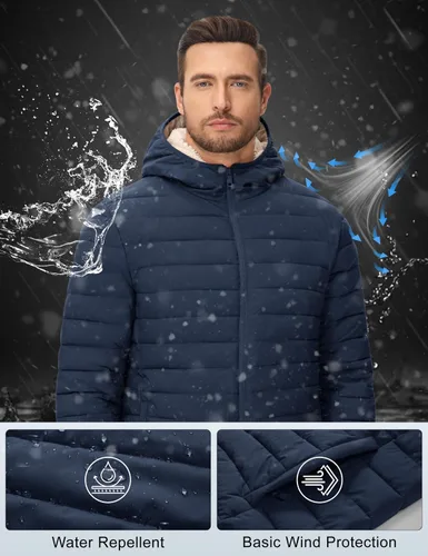 Miniatura 19 de MAGCOMSEN Chaqueta acolchada para hombre con capucha, forro de vellón, chaqueta térmica resistente al agua, chaqueta de plumón con cremallera