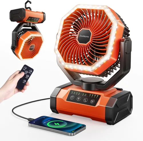Ventilador de campamento de 20000 mAh con luz LED, ventilador de escritorio oscilante automático con control remoto y gancho, ventilador de tienda