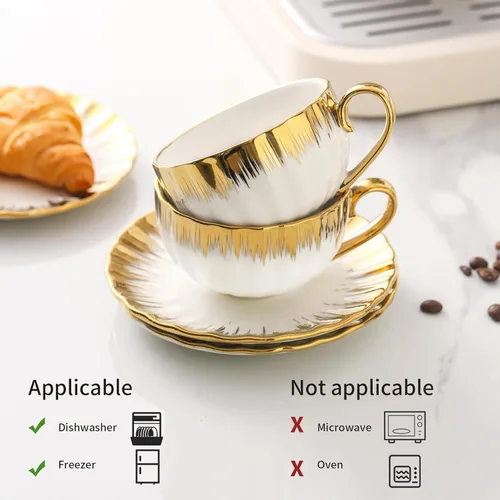Miniatura 3 de LETAOTAO Juego de 4 tazas y platillos de expreso, tazas de café apilables de cerámica de 3 onzas con borde dorado, mini tazas Demitasse, juego