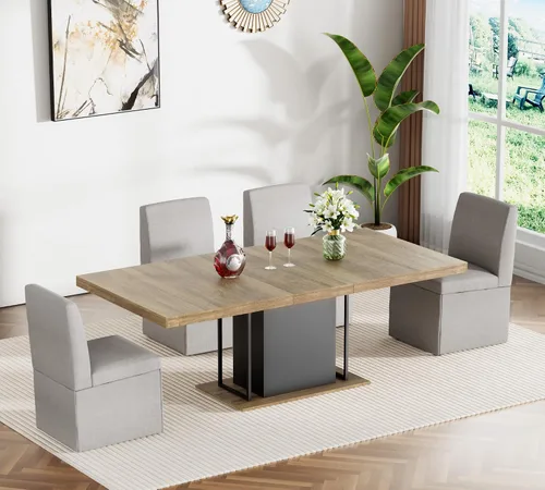 Miniatura 11 de Juego de mesa de comedor extensible para mesa de cocina extensible de 4, 5 piezas y 4 sillas de almacenamiento ocultas de lino tapizadas de madera