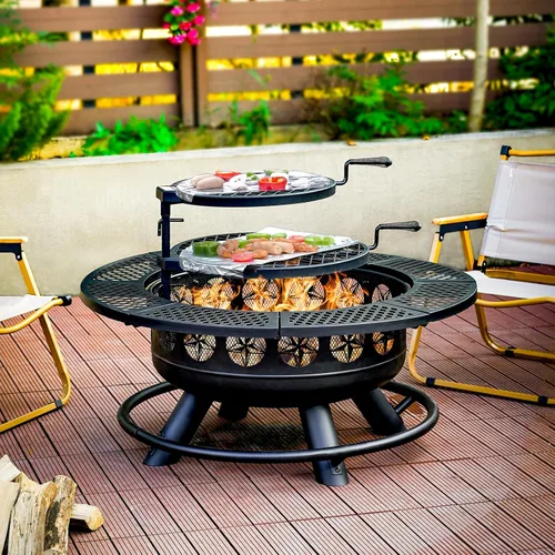 Miniatura 5 de Fogata de 36 pulgadas con 2 parrillas de cocción, hoguera de leña al aire libre con tapa, hoguera 3 en 1 al aire libre para patio trasero, terraza