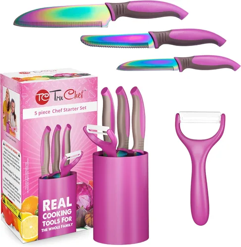 Miniatura 8 de TruChef Juego de cuchillos para niños para cocina real, juego de chef seguro para la piel para mayores de 3 años con cuchillas de arcoíris, tabla