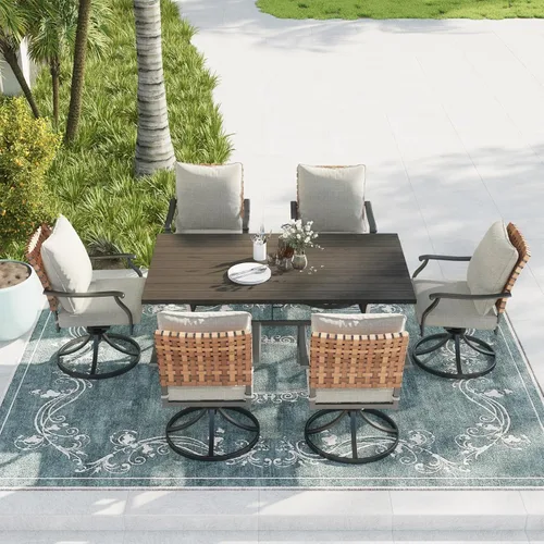 Miniatura 2 de Grand patio Juego de comedor de 7 piezas, 6 sillas giratorias de mimbre con aspecto de cuero y 1 mesa de comedor rectangular, color negro Gris