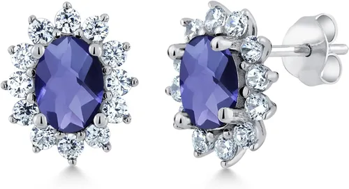 Miniatura 232 de Gem Stone King Aretes ovalados de plata de ley 925 de 0.276 x 0.197 in con piedra natal de la princesa Diana, estilo halo real para mujeres