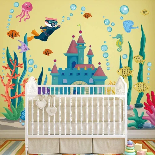 Miniatura 4 de Calcomanías de pared de peces marinos 3D bajo el mar, castillo, calcomanías de pared removibles de algas marinas, corales de medusas de burbujas