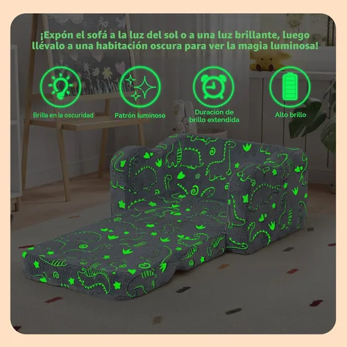 Miniatura 4 de MeMoreCool Sofá de dinosaurio para niños, silla plegable para niños pequeños, sofá abatible que brilla en la oscuridad, asiento convertible
