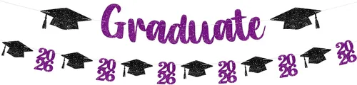 Miniatura 9 de KatchOn, Banner de felicitaciones graduadas con purpurina – 10 pies, pre-encordado Grad Garland Class of 2026 Pancartas de felicitaciones