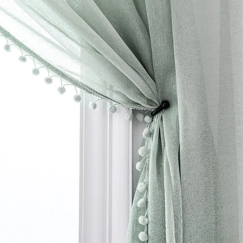MISS SELECTEX Cortinas semitransparentes con aspecto de lino y borlas de pompones - Cortinas de gasa semitransparentes con bolsillo para varilla