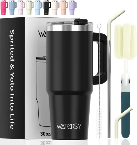 Miniatura 18 de Vaso de 20 oz con asa, vaso con tapa y pajita, vaso de doble pared con aislamiento de acero inoxidable para viajes (frío durante 34 horas), botella